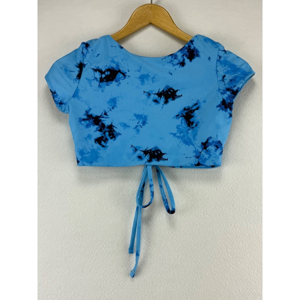 Zaful Tie Dye Crop Top Womens Small Blue Cinched Front Short Sleeve V-Neck